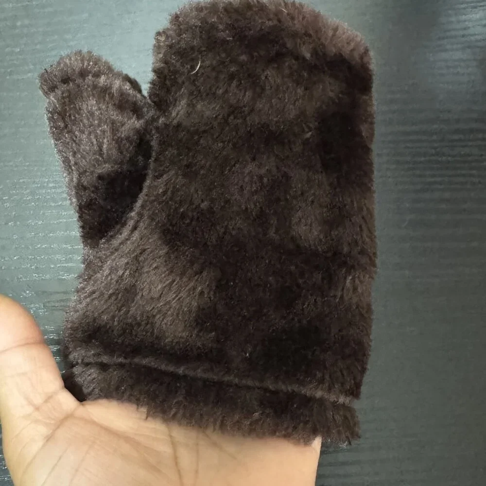 Vintage Brown Suede Fingerless Gloves Faux Fur Pom Pom Tie Womens Winter Mittens